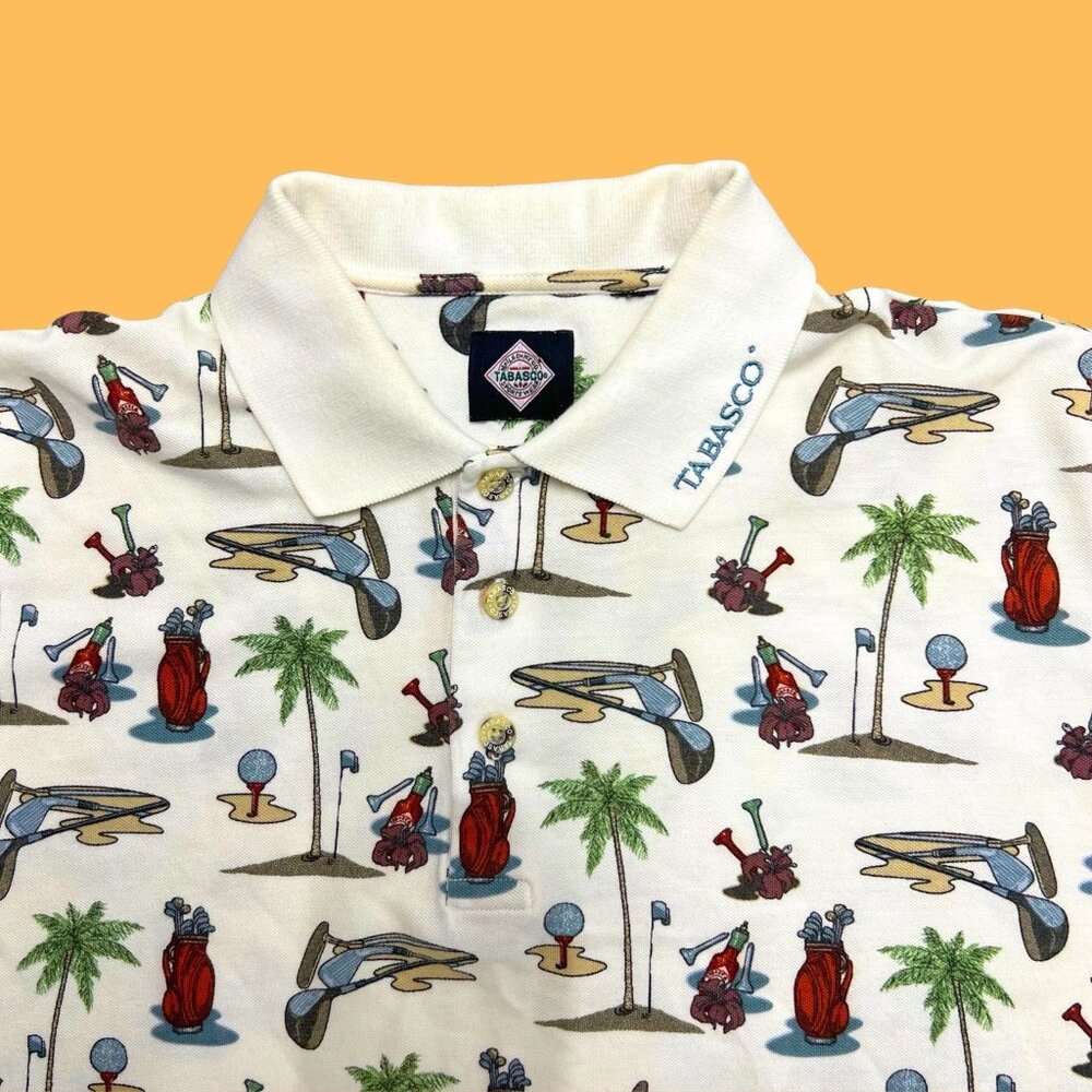 Vintage 90s Tabasco All Over Print Hot Sauce Golf Polo Men’s Size L